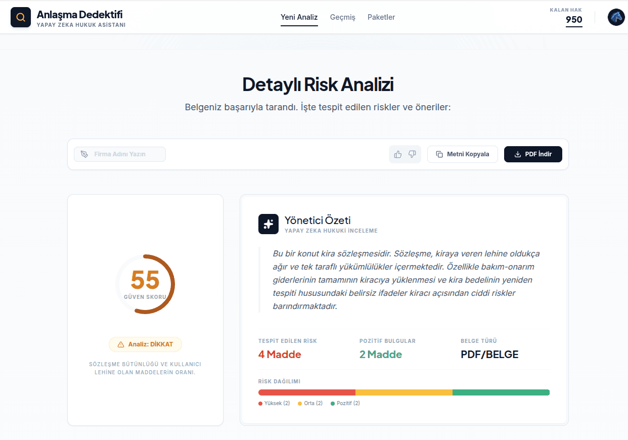 Anlaşma Dedektifi risk analiz sonuçları - risk skoru ve riskli maddeler