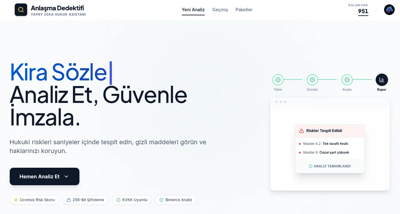 Anlaşma Dedektifi ana ekran - sözleşme yükleme ve analiz başlatma