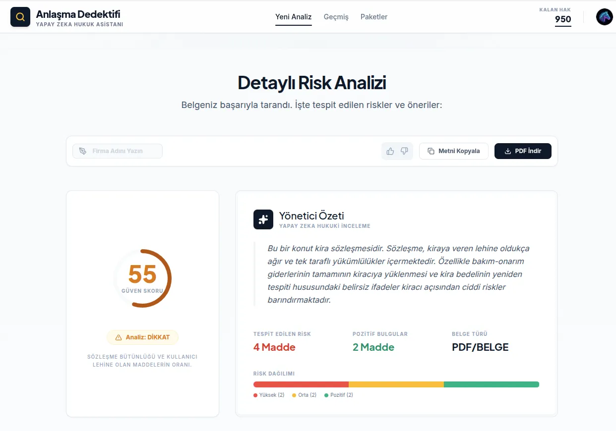 Anlaşma Dedektifi risk analiz sonuçları - risk skoru ve riskli maddeler
