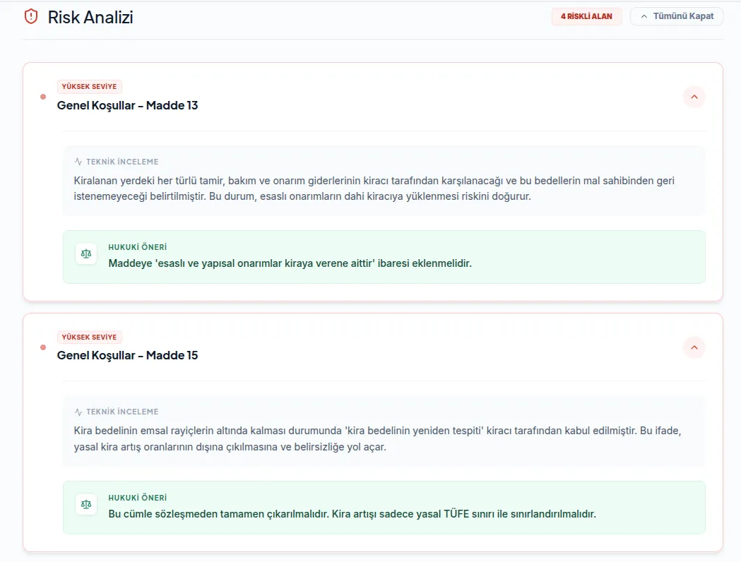 Anlaşma Dedektifi detaylı madde inceleme ve yapay zeka önerileri